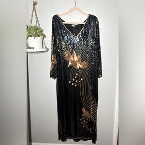 80s vintage art nouveau full sequin gown 100 % silk